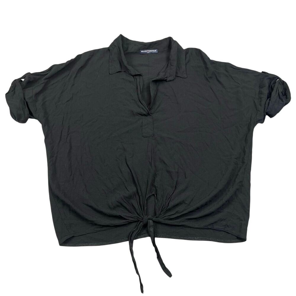 Brandy Melville Black Tie Front Blouse Short Sleeve Collared Top Minimalist - S